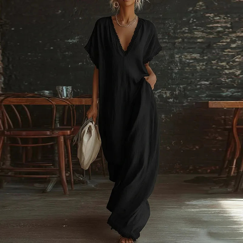 Kadın Dantel Detaylı V Yaka Kısa Kollu Cepli Bohem Maxi Elbise