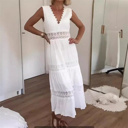 Kadın Tatil Dantel Kolsuz V yaka Midi Elbise
