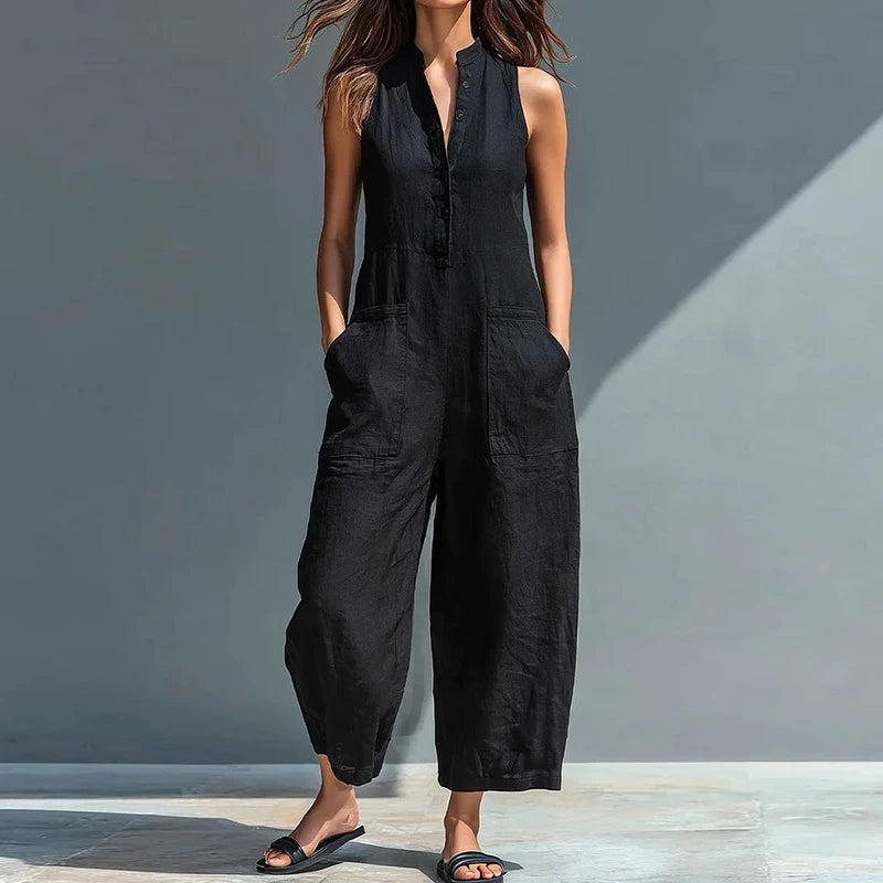 Kadın Düz Renk Kontrast Detaylı V Yaka Kolsuz Geniş Paça Tulum