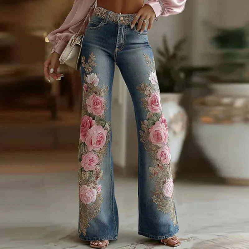 Kadın Denim Çiçek Desenli Yüksek Bel Cepli Retro Pantolon