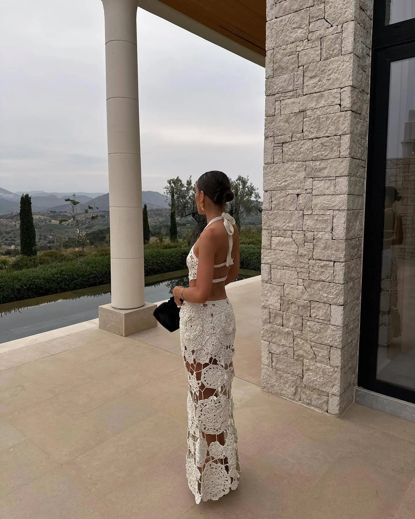 Kadın Tatil Sırt dekolteli Ince askılı Kolsuz Tığ işi örgü Maxi Elbise