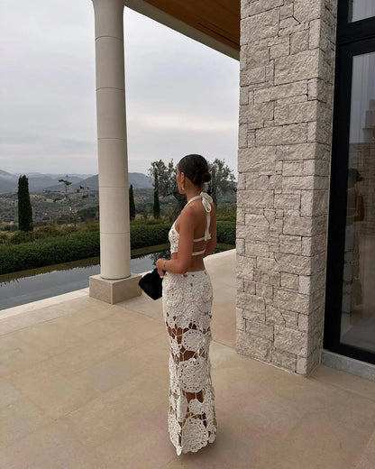 Kadın Tatil Sırt dekolteli Ince askılı Kolsuz Tığ işi örgü Maxi Elbise