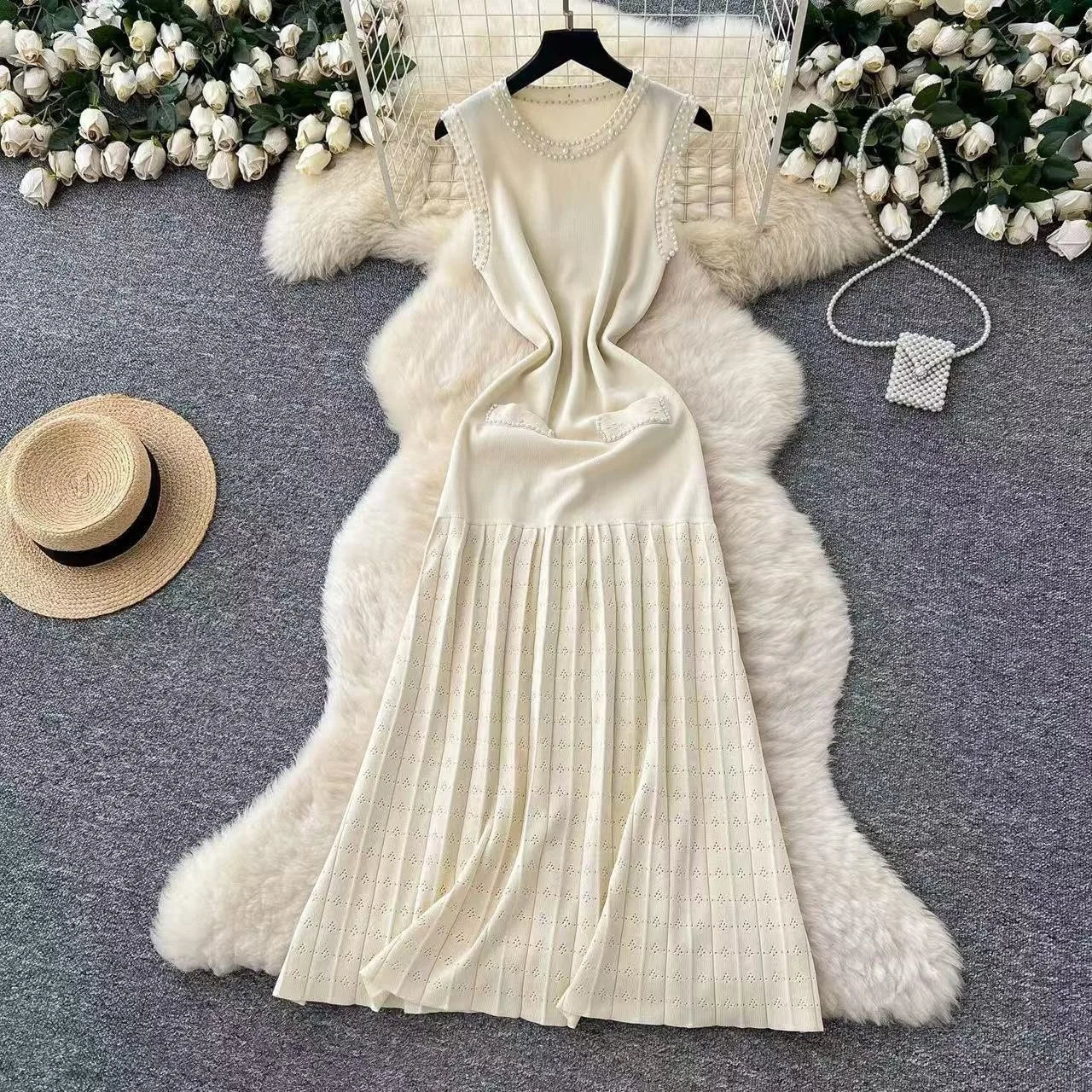 Kadın Gece Kolsuz Tığ işi örgü Midi Elbise