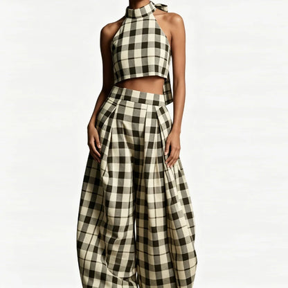 Women's Plaid Sleeveless Crop Top and Wide Leg Trouser Set