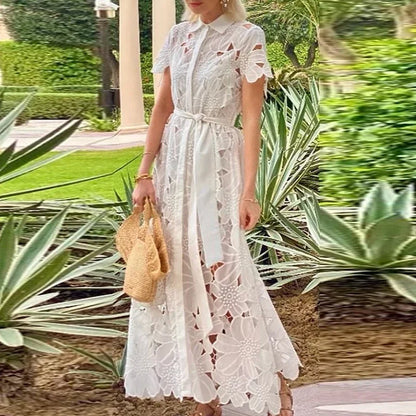 Kadın Dantel Detaylı Nakışlı Kısa Kollu Bohem Vintage Davet Elbisesi