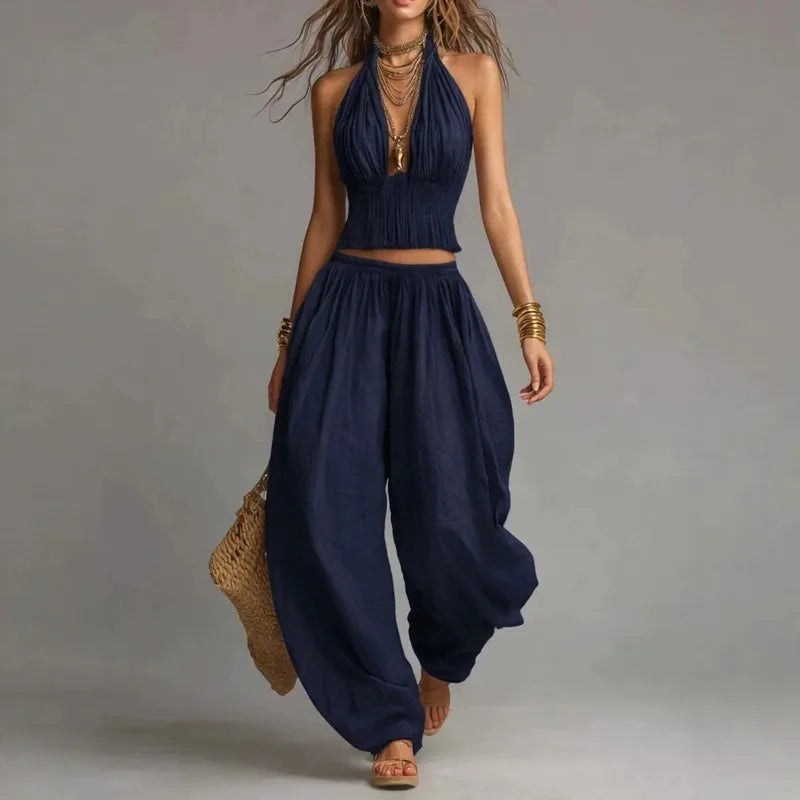 Kadın Keten Halter Yaka Geniş Paça Crop Bohem Üst ve Pantolon Takımı