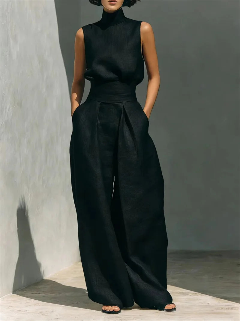 Women's Stand Collar Sleeveless Blouse and Pleated Wide-Leg Trouser Set