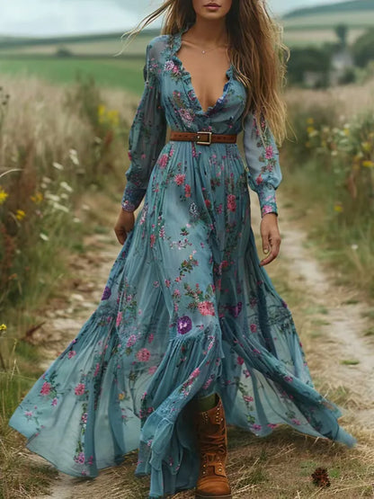 Kadın Çiçek Desenli Yüksek Bel Bohem Vintage Davet Elbisesi