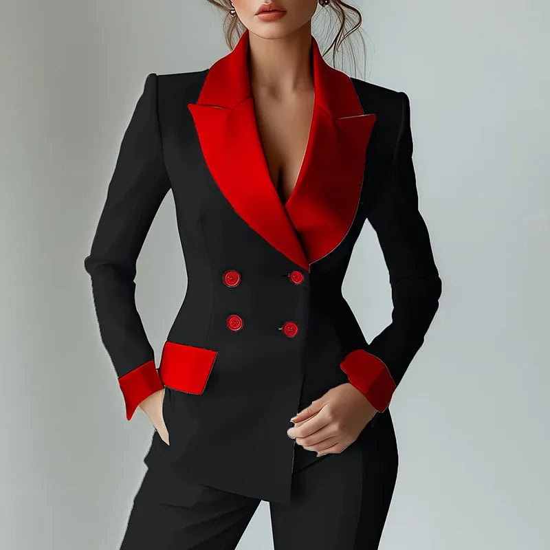 Kadın Kontrast Detaylı Uzun Kollu Ofis Şıklığı Blazer Ceket