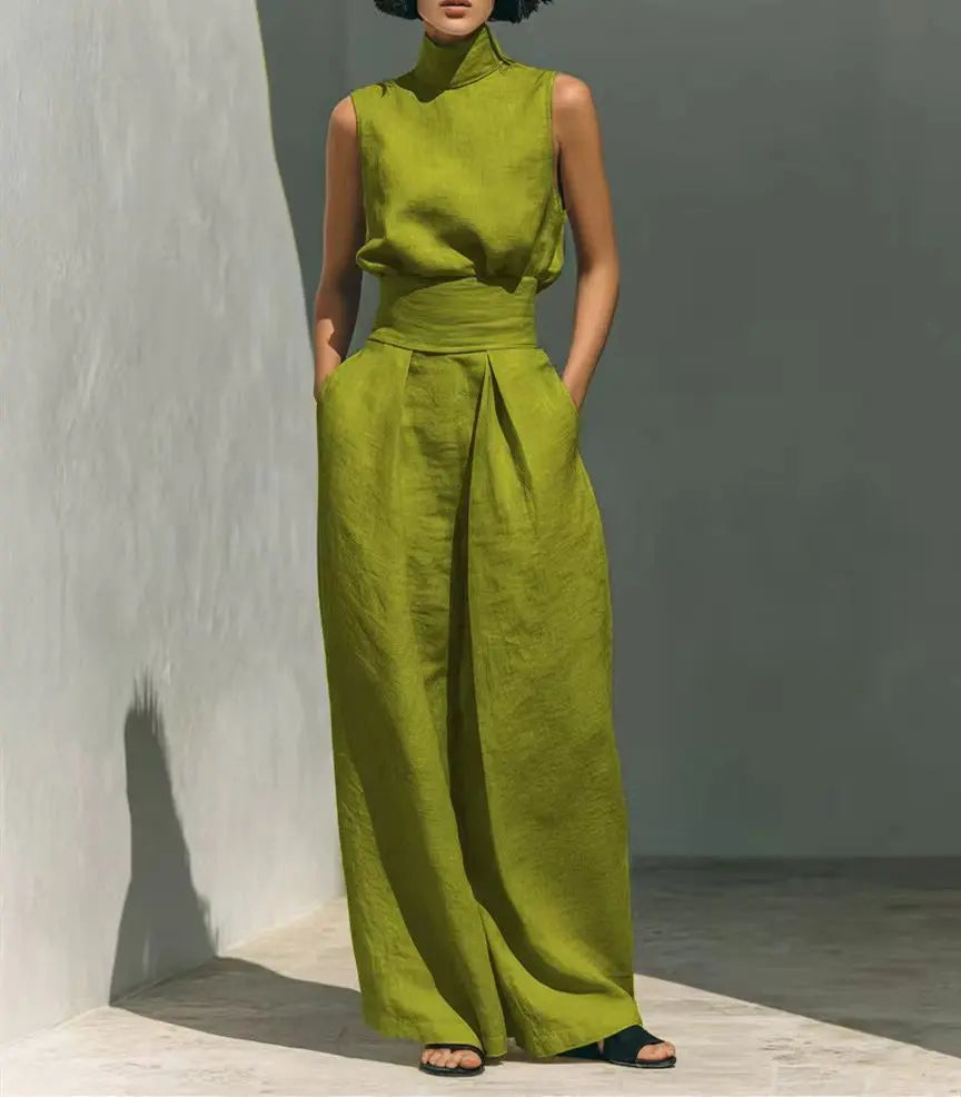 Women's Stand Collar Sleeveless Blouse and Pleated Wide-Leg Trouser Set
