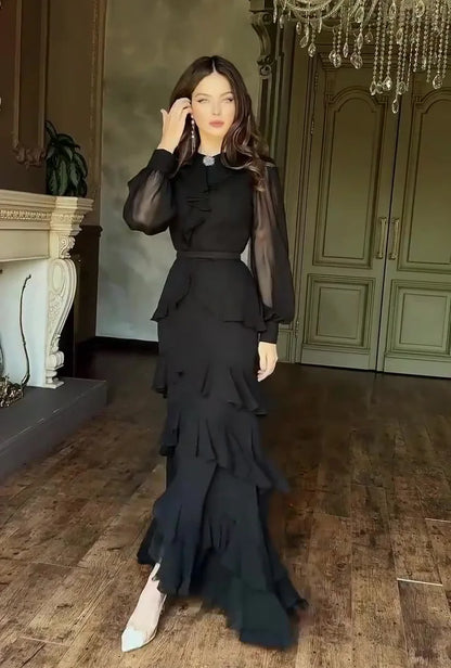 Kadın Davet Yuvarlak yaka Fırfırlı Maxi Elbise