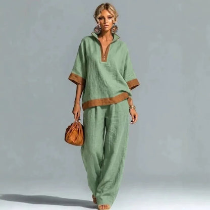 Kadın Keten Geniş Paça Fermuarlı Bohem Vintage Üst ve Pantolon Takımı