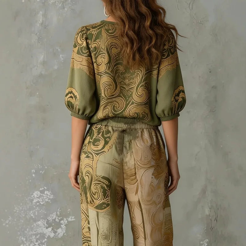 Kadın Desenli V Yaka Bohem Vintage Üst ve Pantolon Takımı