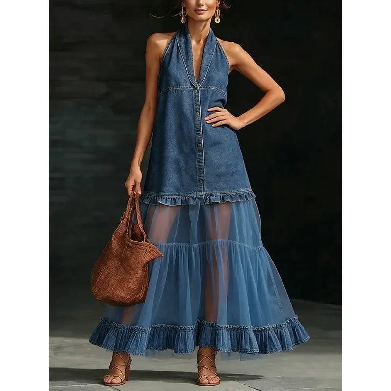 Kadın Denim Örgü Halter Yaka Kolsuz Fırfır Detaylı Maxi Elbise