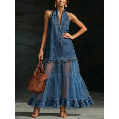 Kadın Denim Örgü Halter Yaka Kolsuz Fırfır Detaylı Maxi Elbise