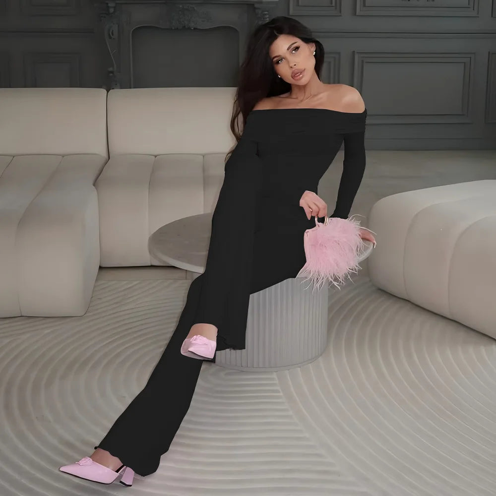 Kadın Günlük Omuz açık Uzun kollu Dar Kesim Pantolonlu İkili Takım