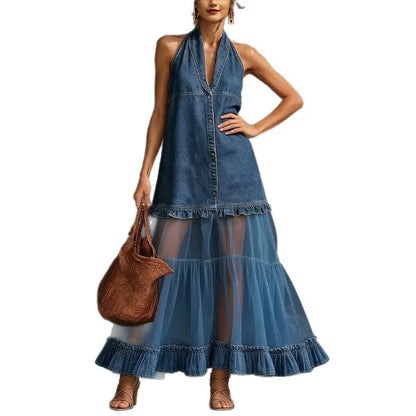 Kadın Denim Örgü Halter Yaka Kolsuz Fırfır Detaylı Maxi Elbise