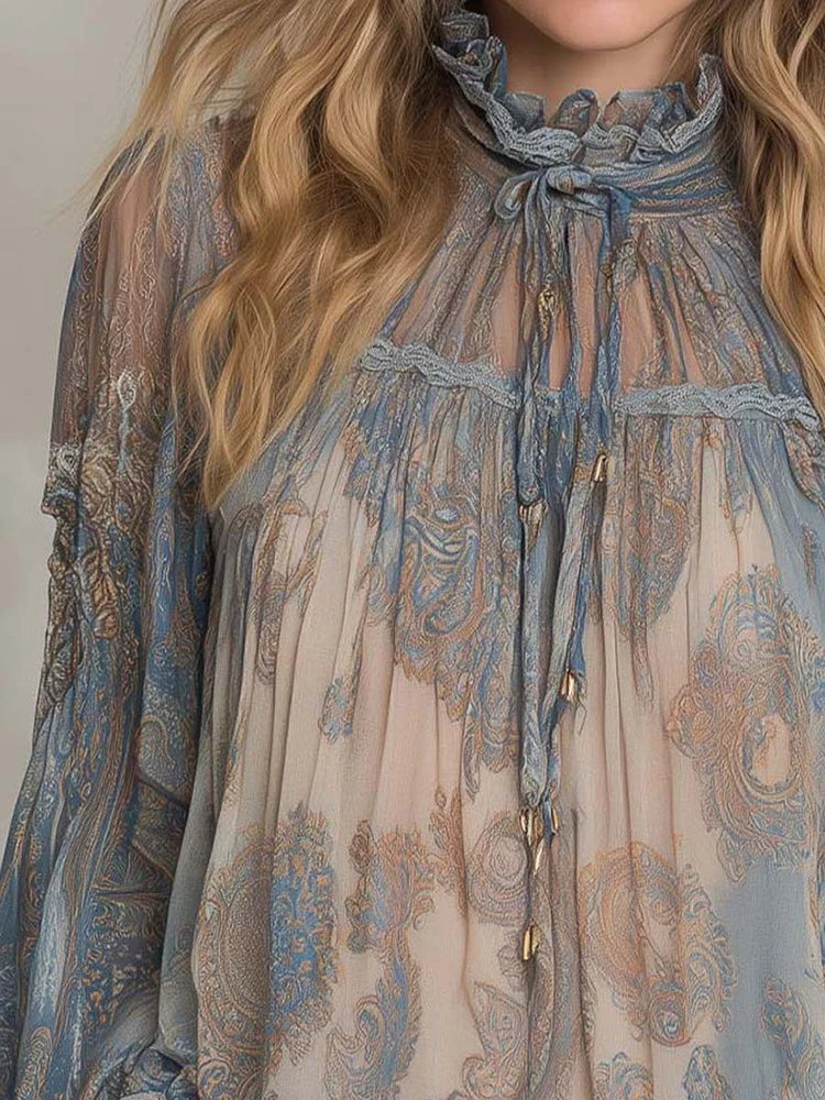 Kadın Şifon Desenli Bisiklet Yaka Uzun Kollu Bohem Bluz