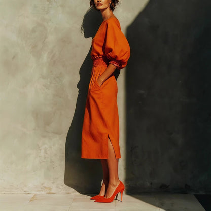 Women's Lantern Sleeve Blouse and Slit Midi Skirt Set