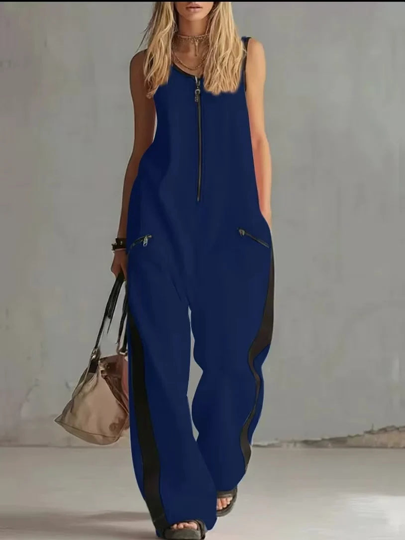 Kadın Kolsuz Geniş Paça Rahat Kesim Fermuarlı Vintage Tulum