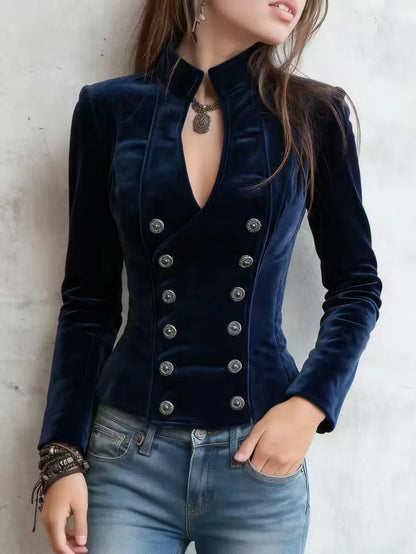 Kadın Kadife Düz Renk V Yaka Kolsuz Vintage Ceket