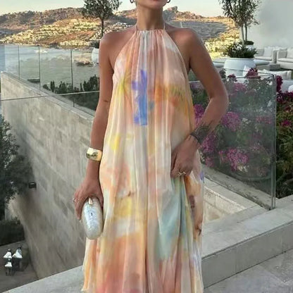Kadın Dantel Halter Yaka Kolsuz Desenli Maxi Davet Elbisesi
