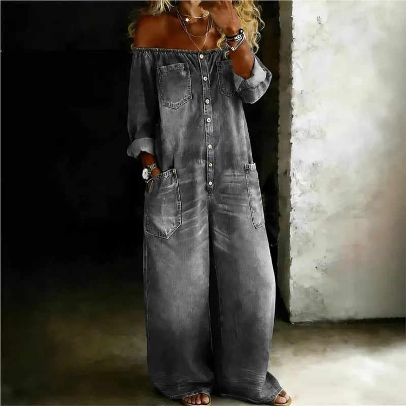 Kadın Denim Omuzları Açık Retro Tulum