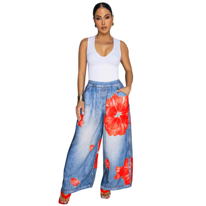 Kadın Günlük Denim Çiçek desenli Pantolon