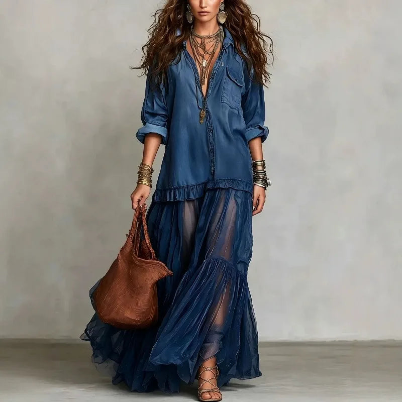 Kadın Denim Uzun Kollu Pileli Fırfır Detaylı Vintage Maxi Elbise
