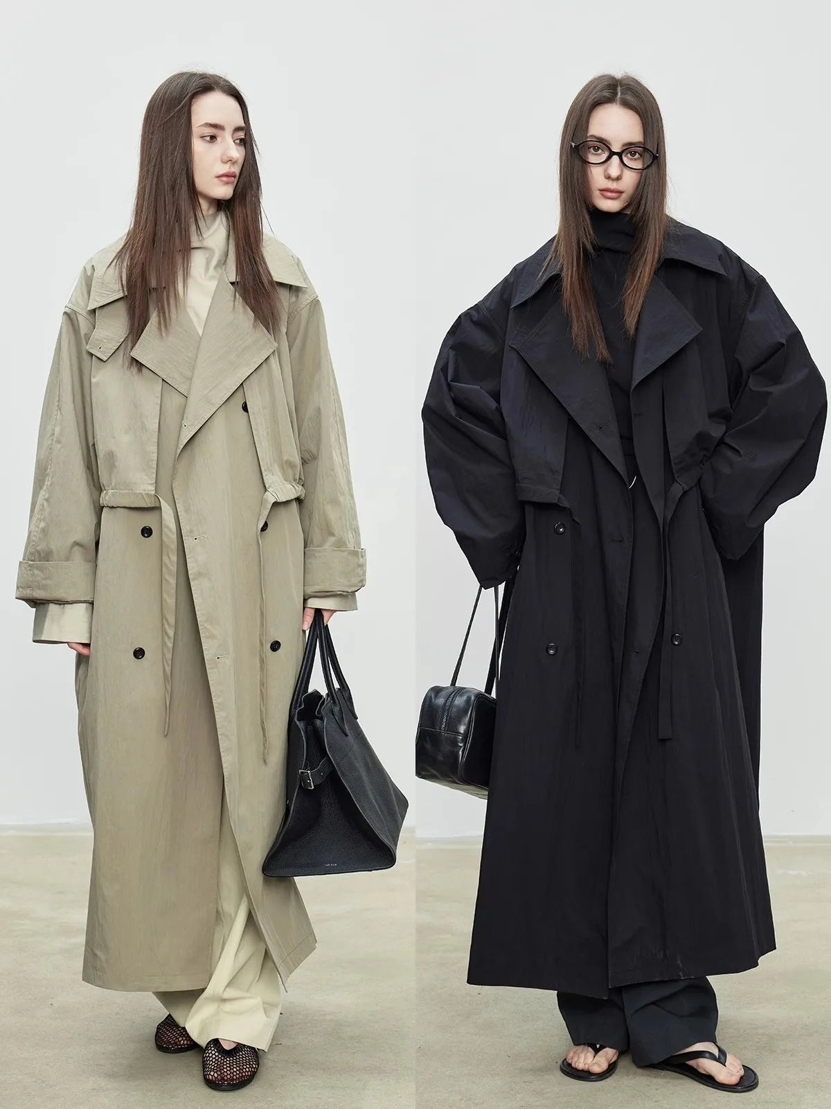 Kadın Oversize Uzun Trençkot – Çift Düğmeli, Bol Kesim Klasik Kaban