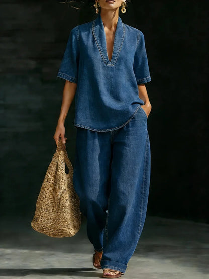 Kadın Denim V Yaka Kısa Kollu Geniş Paça Cepli Üst ve Pantolon Takımı