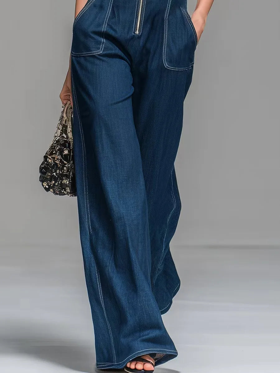 Kadın Denim Kolsuz Yüksek Bel Geniş Paça Fermuarlı Tulum