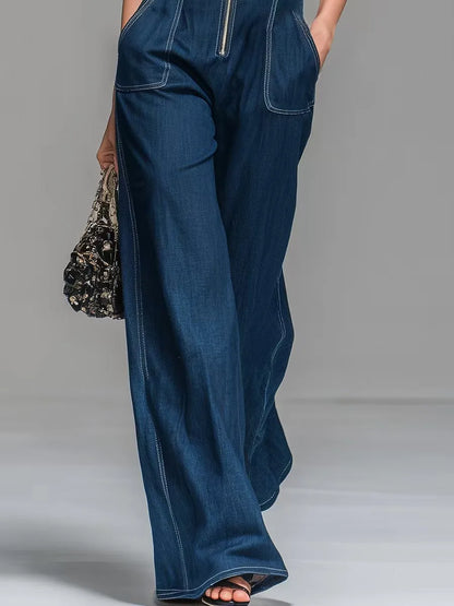 Kadın Denim Kolsuz Yüksek Bel Geniş Paça Fermuarlı Tulum