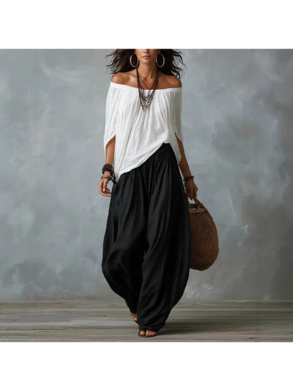Kadın Omuzları Açık Geniş Paça Bohem Vintage Tatil Üst ve Pantolon Takımı