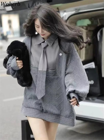 Kadın Gömlek Yakalı Oversize Sweatshirt – Kravat Detaylı, Katmanlı Görünüm Bol Kesim