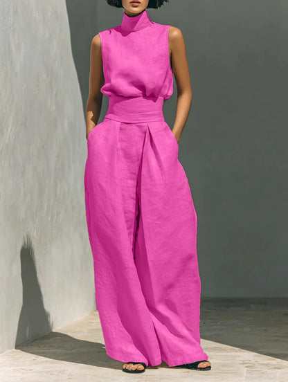 Women's Stand Collar Sleeveless Blouse and Pleated Wide-Leg Trouser Set