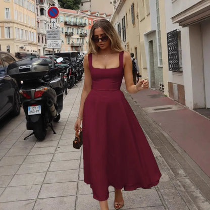 Kadın Kolsuz Kare yaka Pileli A Kesim Maxi Elbise