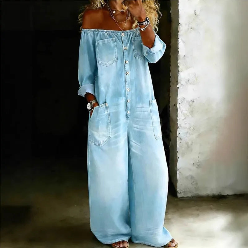 Kadın Denim Omuzları Açık Retro Tulum
