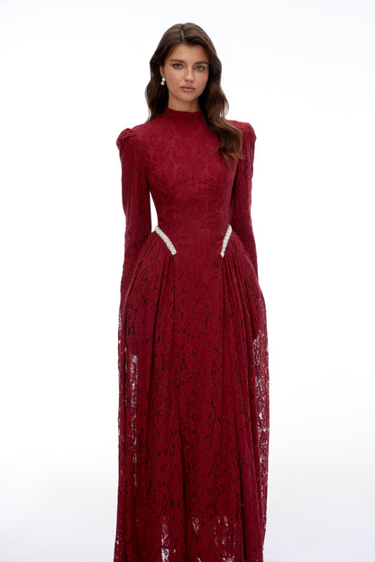 Vivienne Red High Neck Long Sleeve Lace Maxi Dress