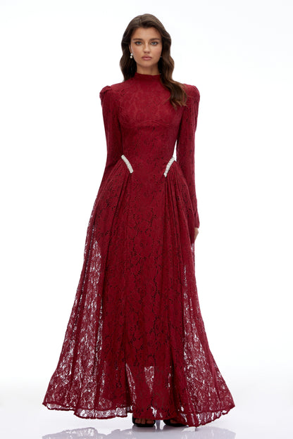Vivienne Red High Neck Long Sleeve Lace Maxi Dress
