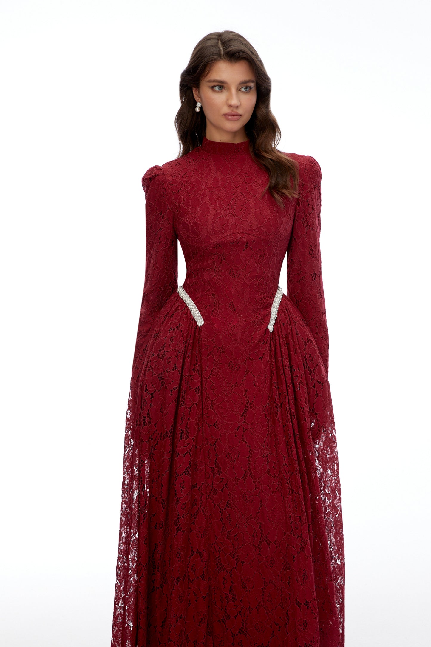 Vivienne Red High Neck Long Sleeve Lace Maxi Dress
