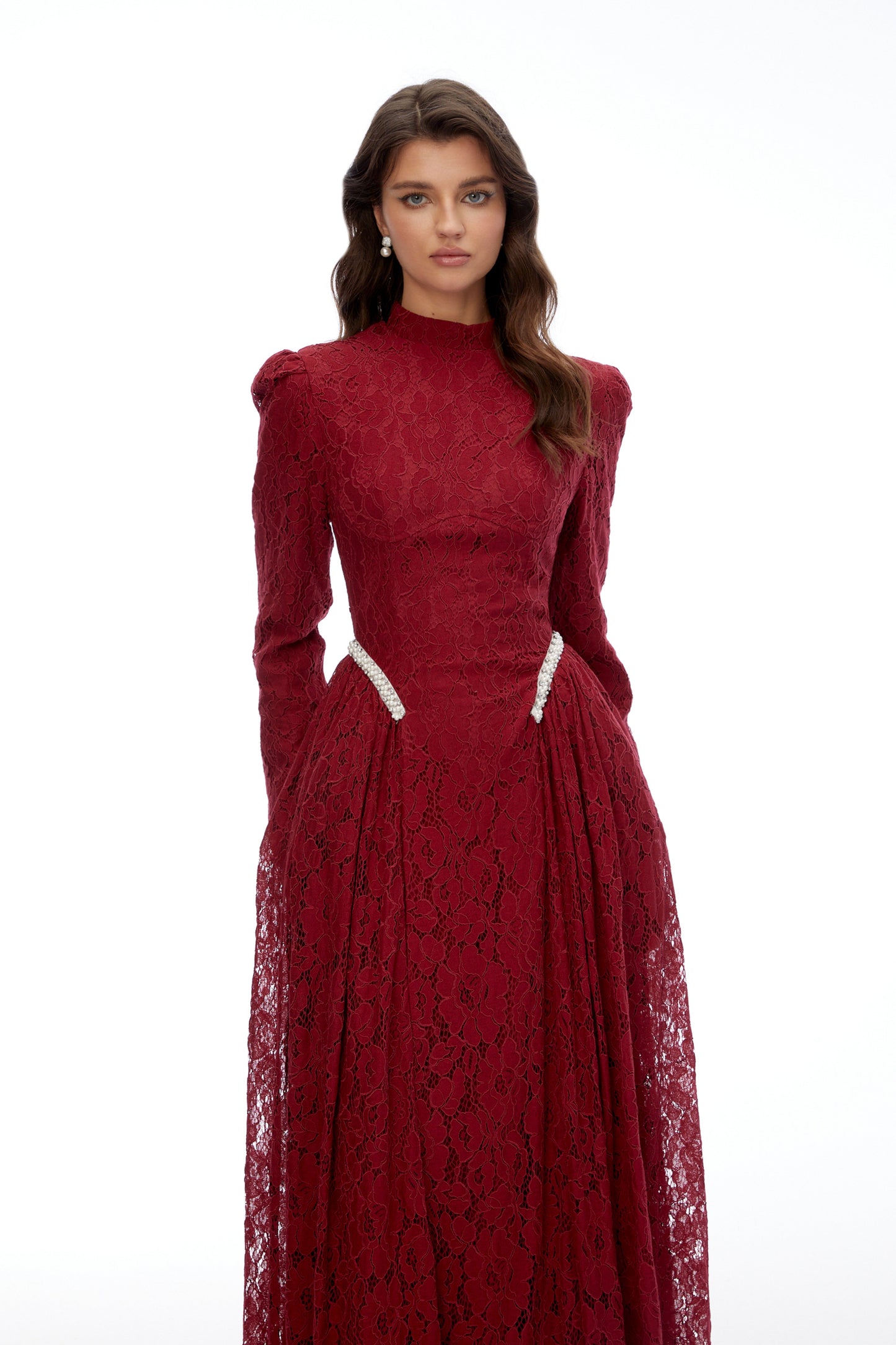 Vivienne Red High Neck Long Sleeve Lace Maxi Dress