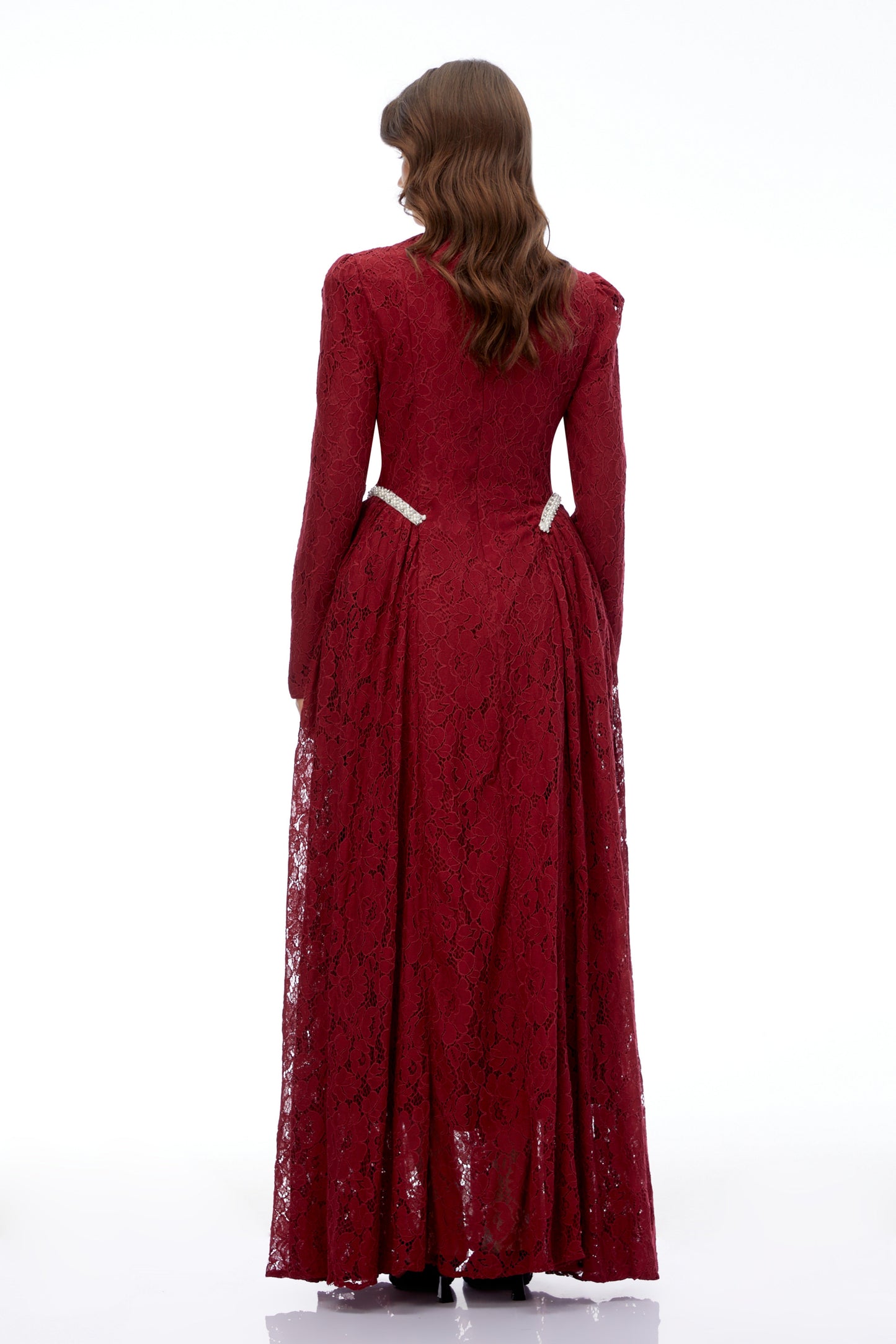 Vivienne Red High Neck Long Sleeve Lace Maxi Dress