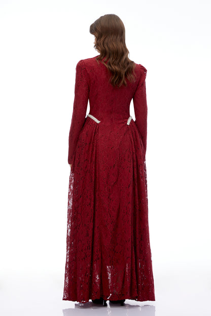 Vivienne Red High Neck Long Sleeve Lace Maxi Dress