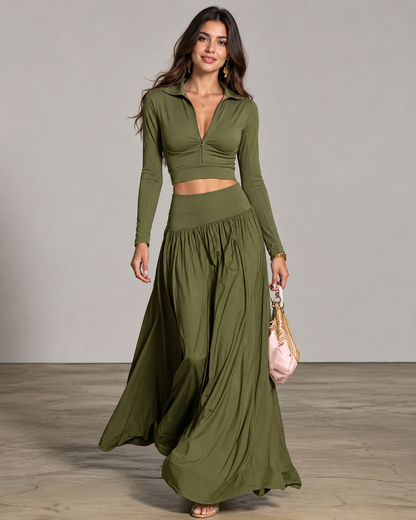 Kadın Crop Bluz ve Uzun Etek Takım – Yarım Fermuarlı Yaka, Uzun Kollu, Yüksek Bel Maxi Etek