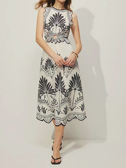 Women's Leaf Pattern Halter Neck Loose Fit Midi Beach Dress with Waist Detail
